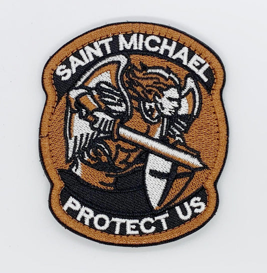Saint Michael Copper Coloured Patch Hook & Loop.   Size: 7x8.5cm   HOOK AND LOOP BACKED PATCH(BOTH PROVIDED)