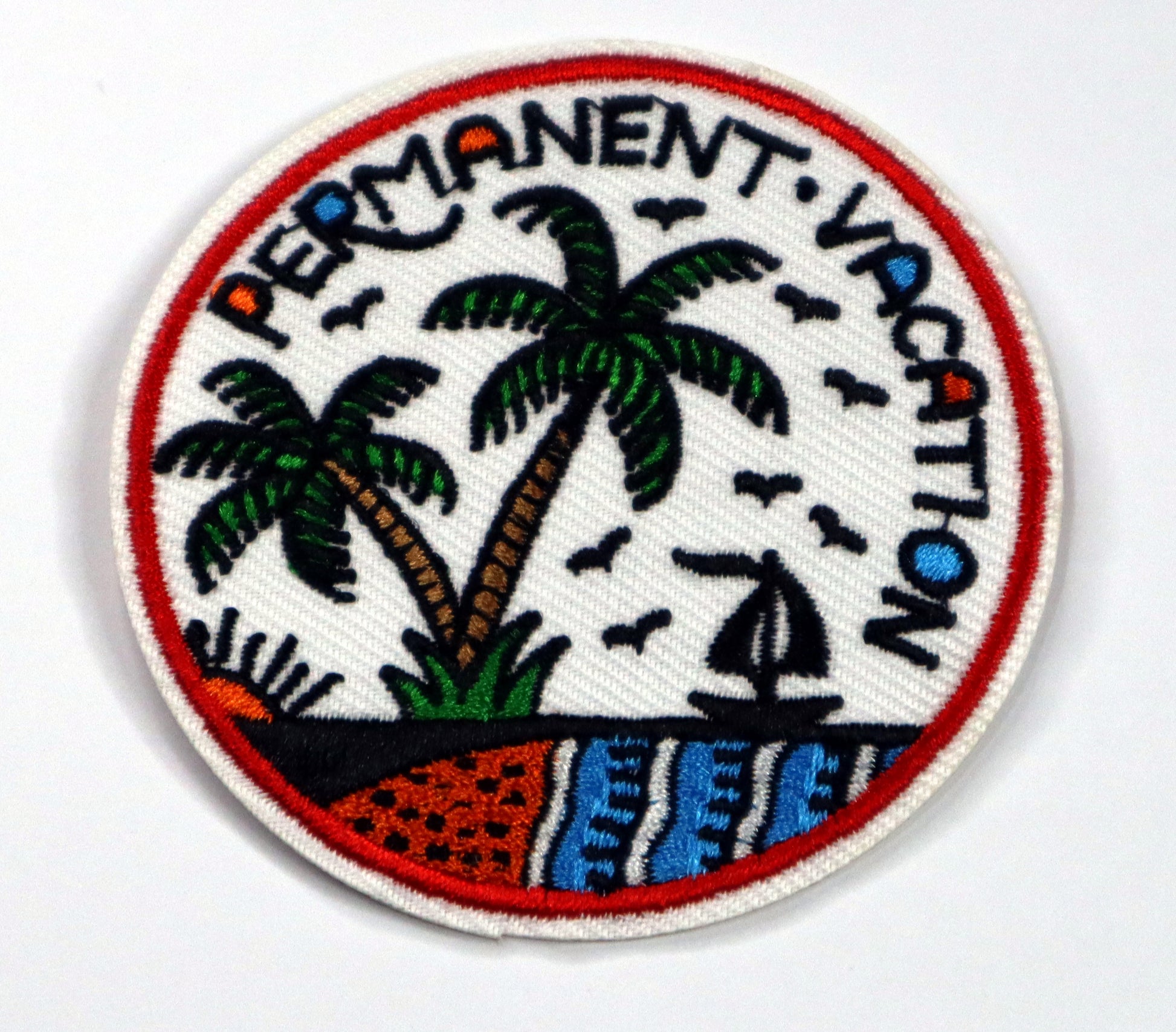 Permanent Vacation Iron On Patch. Great for attaching to your jackets, shirts, pants, jeans, hats.  Size: 7cm