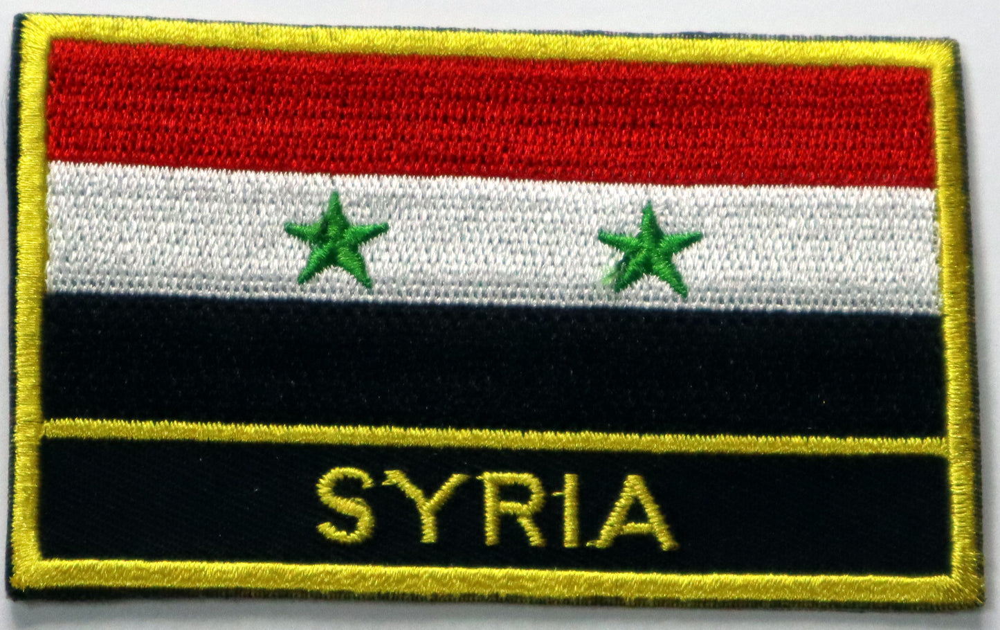 Syria Flag Iron On Patch. Great for attaching to your jackets, shirts, pants, jeans, hats.  Size: 8x5cm