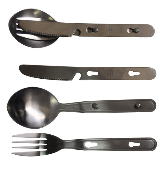 Connects together for travel and storage.  Knife includes a bottle opener.  Material: Stainless Steel