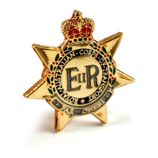 The Royal Australian Corps of Transport (RACT) 20mm full-colour enamel lapel pin. Displayed on a presentation card. This beautiful gold-plated lapel pin will look great on both your jacket and your cap.  Specifications:  Material: Gold-plated zinc alloy, enamel fill Colour: Gold, black, red Size: 20mm www.moralepatches.com.au