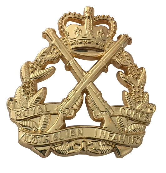 Royal Australian Infantry Corps Badge  Crossed Guns and Crown on Floral Wreath (Reproduction)  Measures 4.8 cm x 4.8 cm