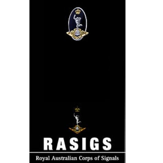 The Royal Australian Corps of Signals (RASigs) 20mm full-colour enamel lapel pin. Displayed on a presentation card. This beautiful gold-plated lapel pin will look great on both your jacket and your cap.  Specifications:  Material: Gold-plated zinc alloy, enamel fill Colour: Black, gold Size: 20mm www.moralepatches.com.au