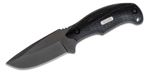 The Schrade Old Timer Copperhead Drop Point Fixed Blade features a full tang 3.71″ Titanium-Nitride coated blade made from 7Cr17MoV high carbon stainless steel. The handles are snake skin textured rubber with a jimped thumb ramp, finger guard, and lanyard hole. Comes with a black nylon belt sheath.