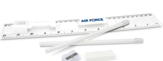 Air Force branded stationery set which consists of a 30cm ruler, two unsharpened pencils, a pencil sharpener and an eraser in one compact unit. The ruler has both metric and imperial graduations. Fabulous and functional event promotional gift, great for kids.