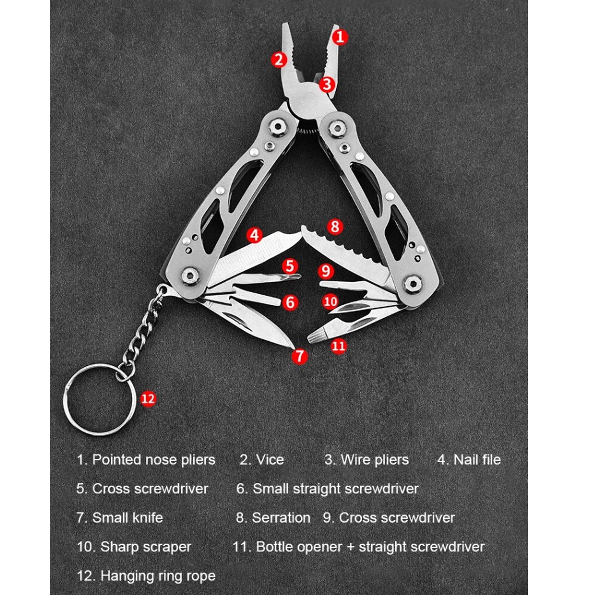 12 tools: pliers, wire cutters, large knife, small knife, cross & straight screwdriver, bottle opener, serration, vice, sharp scraper, nail file and Key ring. Compact folding design Pouch has belt loop www.moralepatches.com.au
