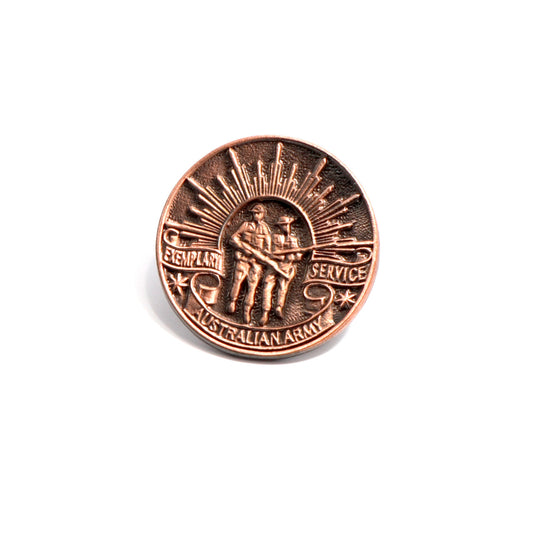 The Soldiers Medallion for Exemplary Service (SMES) Badge is a miniature of the Soldiers Medallion. The badge is bronze and measures approximately 25 mm in diameter. The design is based on the two central figures of the Army Memorial with the wording "EXEMPLARY SERVICE—AUSTRALIAN ARMY" www.moralepatches.com.au