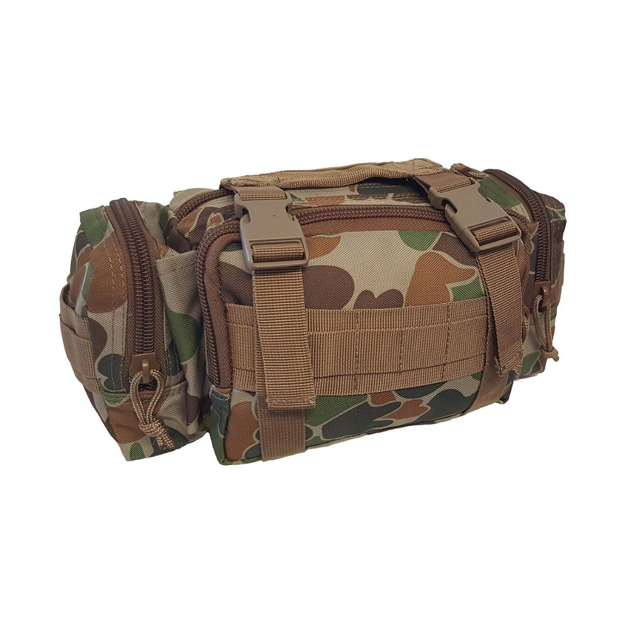 Multi-purpose bum bag  Side and front pockets  MOLLE fitting  Top compression strap/handle  Main Compartment  Heavy duty 900D 2 coats PU fabric  5LT capacity
