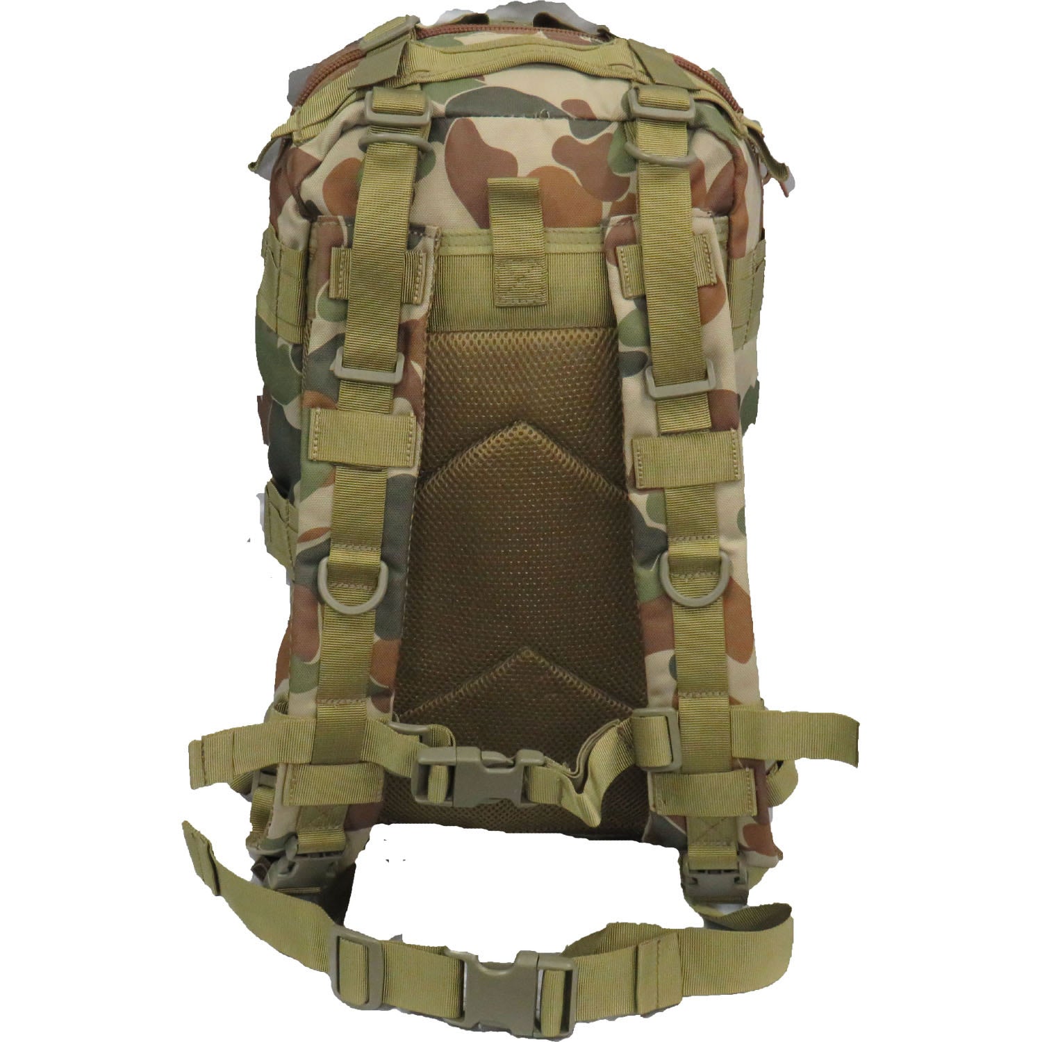 Hydration compatible  Heavy duty 900D 2 coats PU fabric  Two front pockets  Heavy duty MOLLE webbing on front  Helmet holder/compression webbing on top and tie on points at the bottom  Side compression straps  Expandable gusset  20LT capacity  Fully breathable mesh back  Bonus 2L wide mouth EVA Bladder with neoprene hose cover