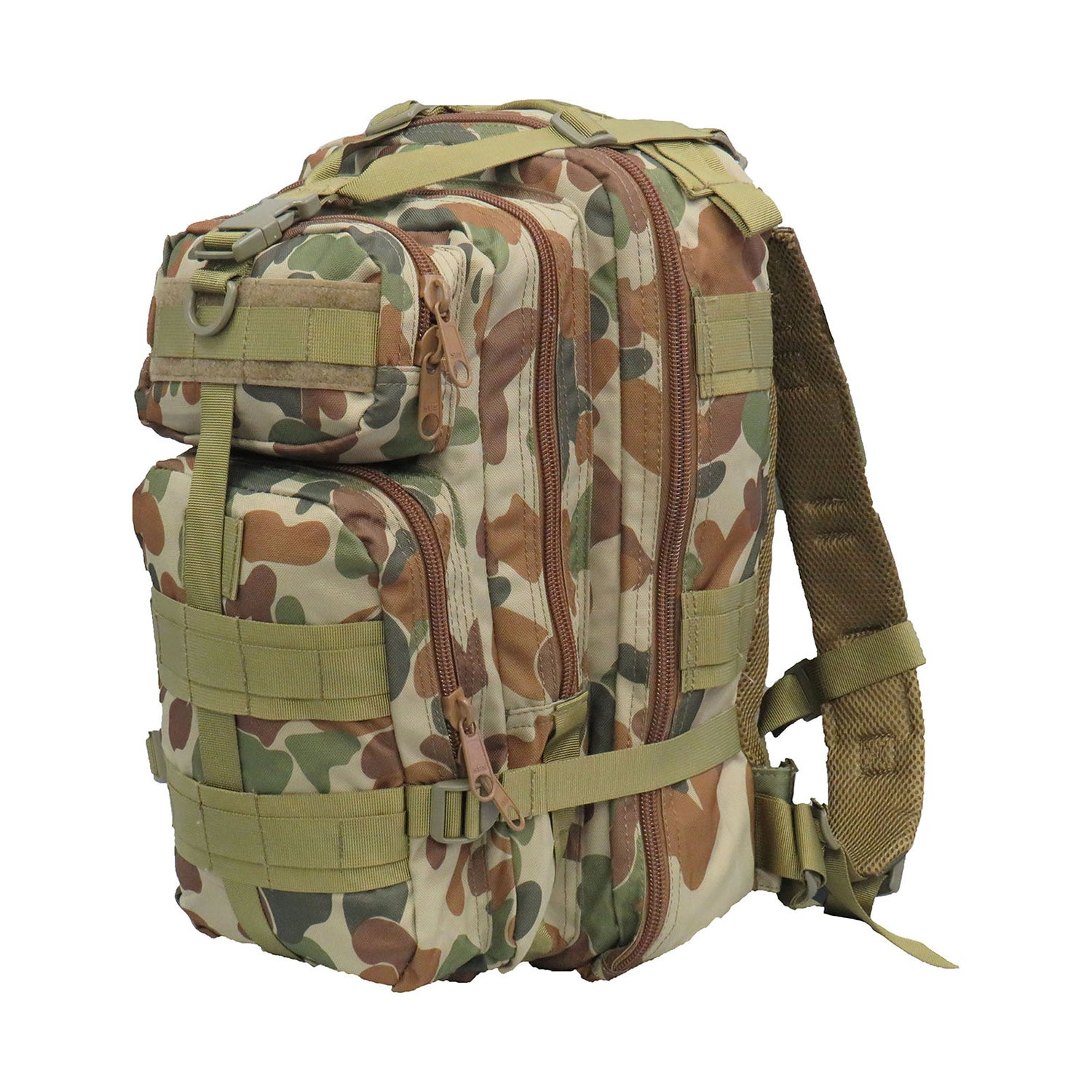 Hydration compatible  Heavy duty 900D 2 coats PU fabric  Two front pockets  Heavy duty MOLLE webbing on front  Helmet holder/compression webbing on top and tie on points at the bottom  Side compression straps  Expandable gusset  20LT capacity  Fully breathable mesh back  Bonus 2L wide mouth EVA Bladder with neoprene hose cover