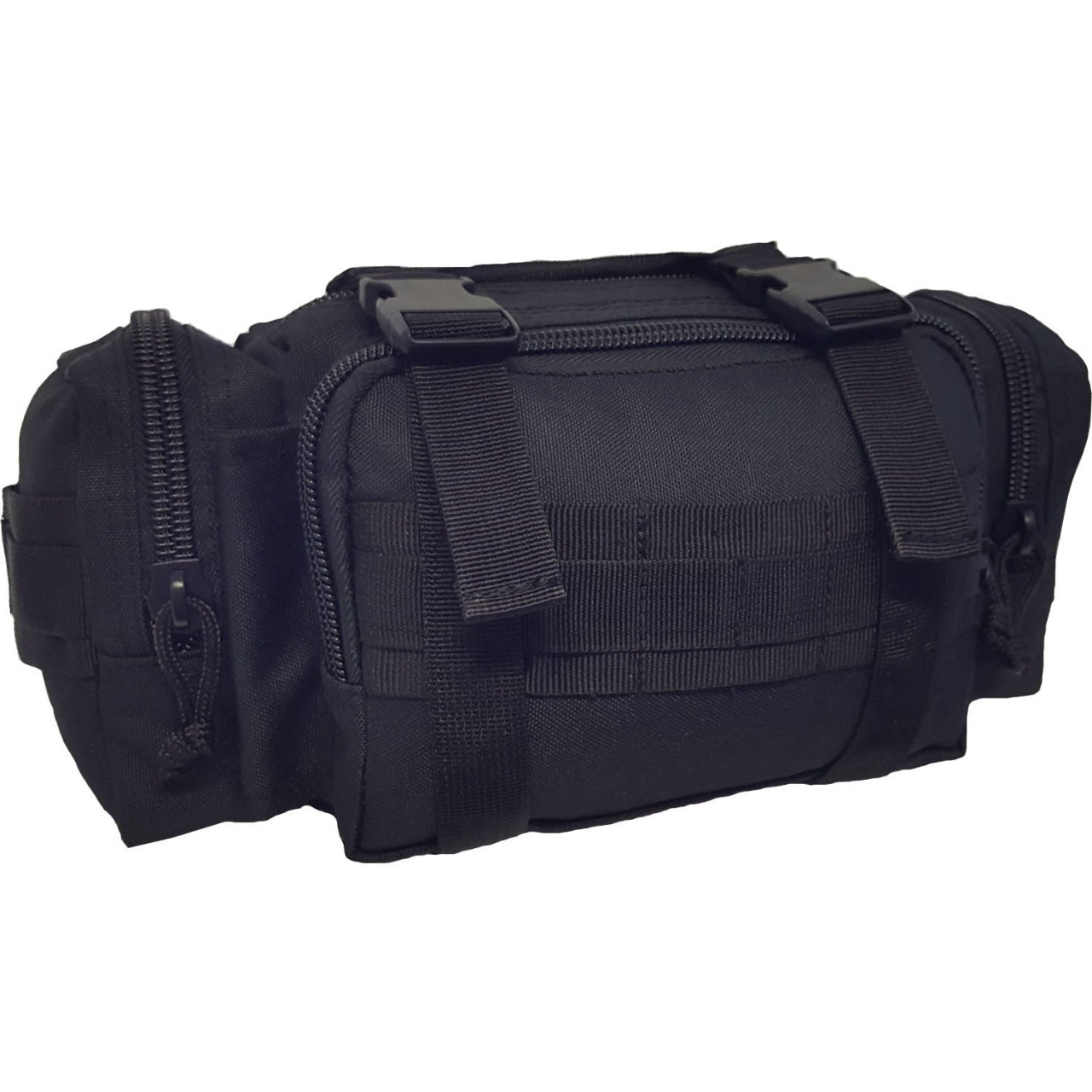 Multi-purpose bum bag  Side and front pockets  MOLLE fitting  Top compression strap/handle  Main Compartment  Heavy duty 900D 2 coats PU fabric  5LT capacity