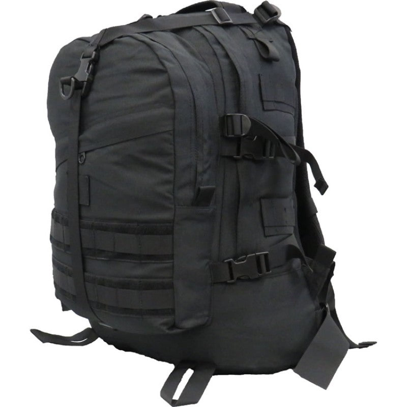 Heavy duty breathable mesh harness and shoulder straps with sternum strap  Heavy duty 900D 2 coats PU fabric  Side compression straps  MOLLE compatible  Webbing helmet straps  Multiple tie off points  Front pocket  Bonus 2L wide mouth EVA bladder with neoprene hose cover