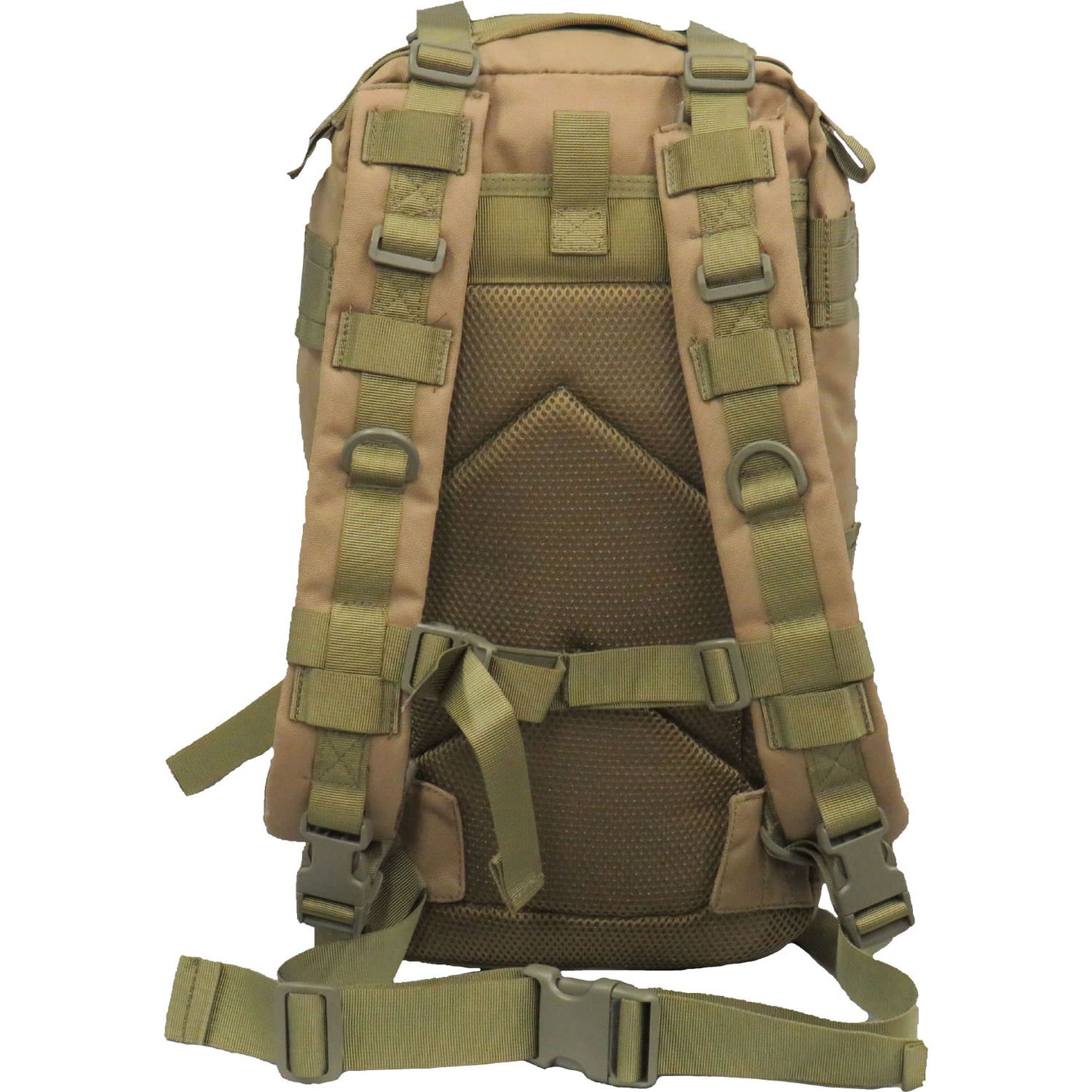 Hydration compatible  Heavy duty 900D 2 coats PU fabric  Two front pockets  Heavy duty MOLLE webbing on front  Helmet holder/compression webbing on top and tie on points at the bottom  Side compression straps  Expandable gusset  20LT capacity  Fully breathable mesh back  Bonus 2L wide mouth EVA Bladder with neoprene hose cover