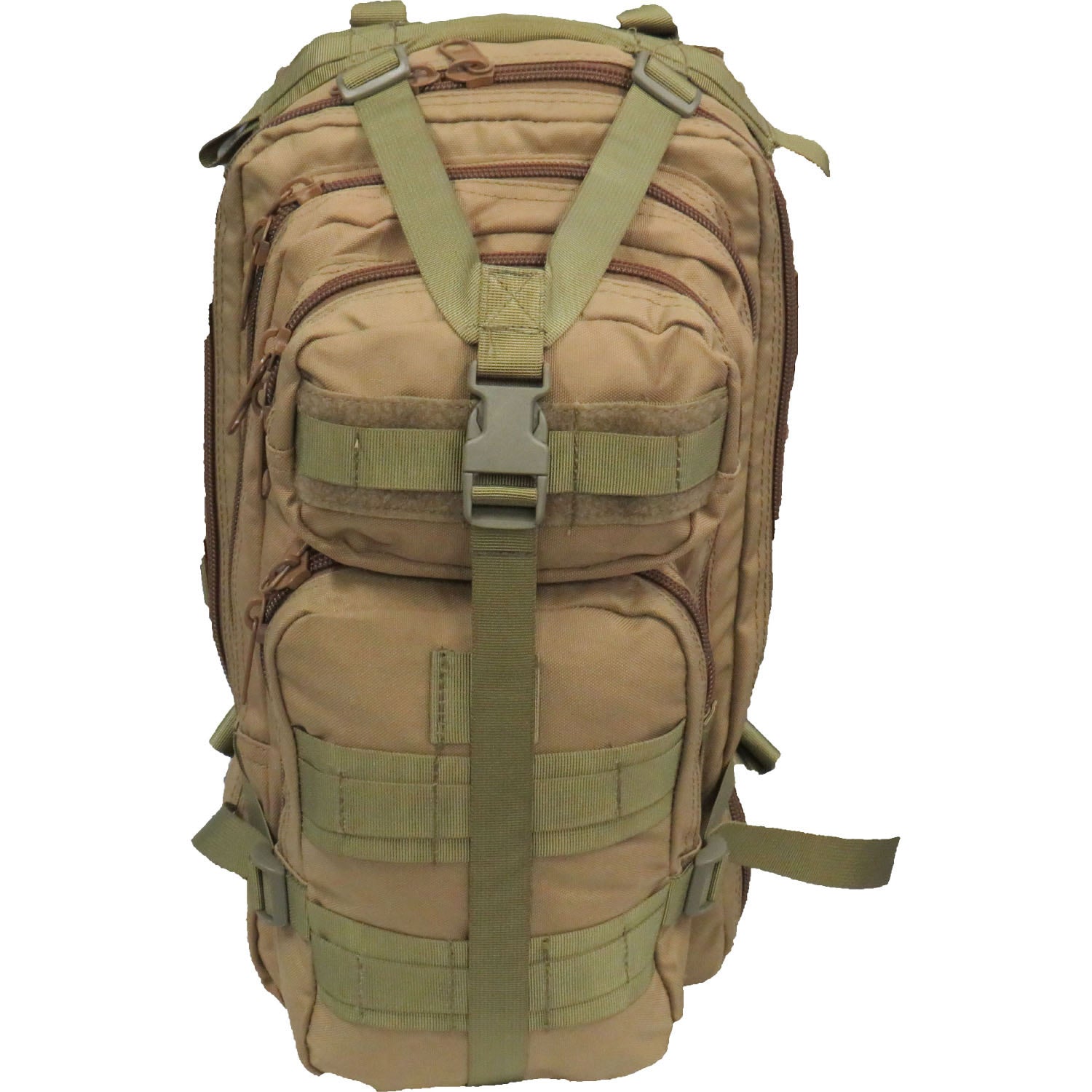 Hydration compatible  Heavy duty 900D 2 coats PU fabric  Two front pockets  Heavy duty MOLLE webbing on front  Helmet holder/compression webbing on top and tie on points at the bottom  Side compression straps  Expandable gusset  20LT capacity  Fully breathable mesh back  Bonus 2L wide mouth EVA Bladder with neoprene hose cover
