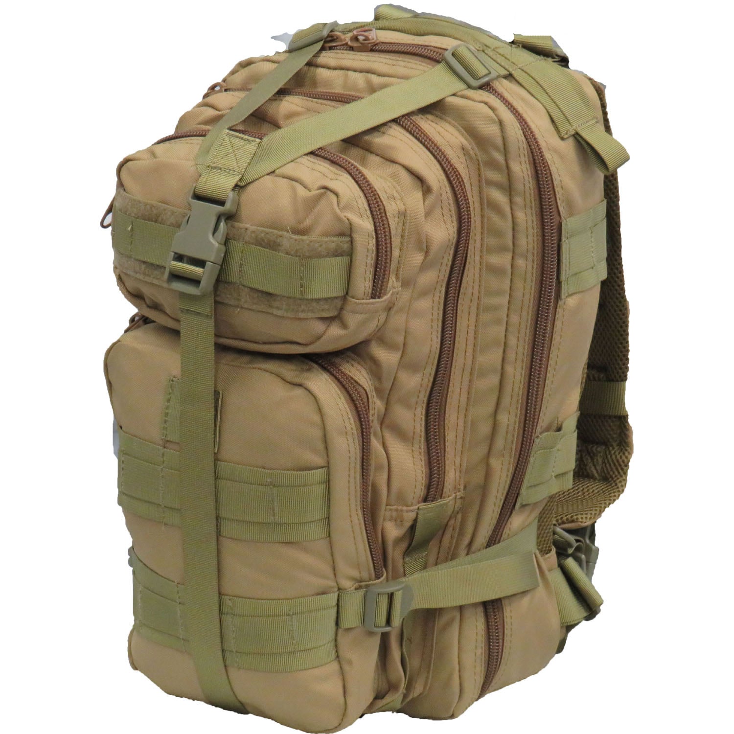 Hydration compatible  Heavy duty 900D 2 coats PU fabric  Two front pockets  Heavy duty MOLLE webbing on front  Helmet holder/compression webbing on top and tie on points at the bottom  Side compression straps  Expandable gusset  20LT capacity  Fully breathable mesh back  Bonus 2L wide mouth EVA Bladder with neoprene hose cover