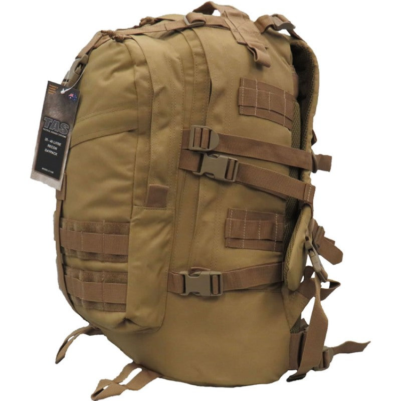Heavy duty breathable mesh harness and shoulder straps with sternum strap  Heavy duty 900D 2 coats PU fabric  Side compression straps  MOLLE compatible  Webbing helmet straps  Multiple tie off points  Front pocket  Bonus 2L wide mouth EVA bladder with neoprene hose cover