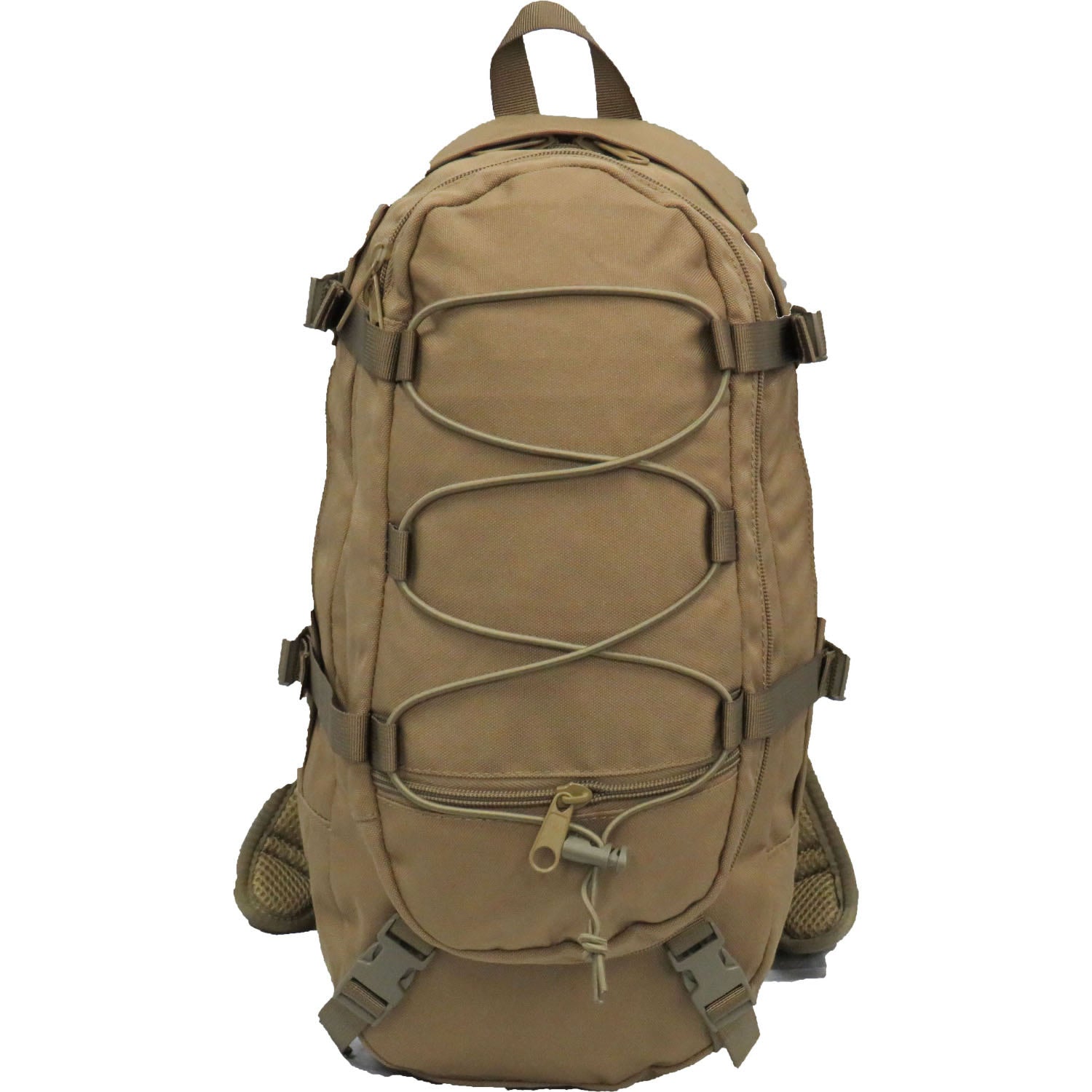 12L capacity  Heavy duty 900D 2 coats PU fabric  Neoprene insulated  Flat opening front pocket with organiser  Bonus 2L wide mouth EVA bladder with neoprene hose cover  Side compression straps  Front attachment straps  Heavy duty shock cord  Breathable foam mesh back  Padded shoulder straps with sternum strap