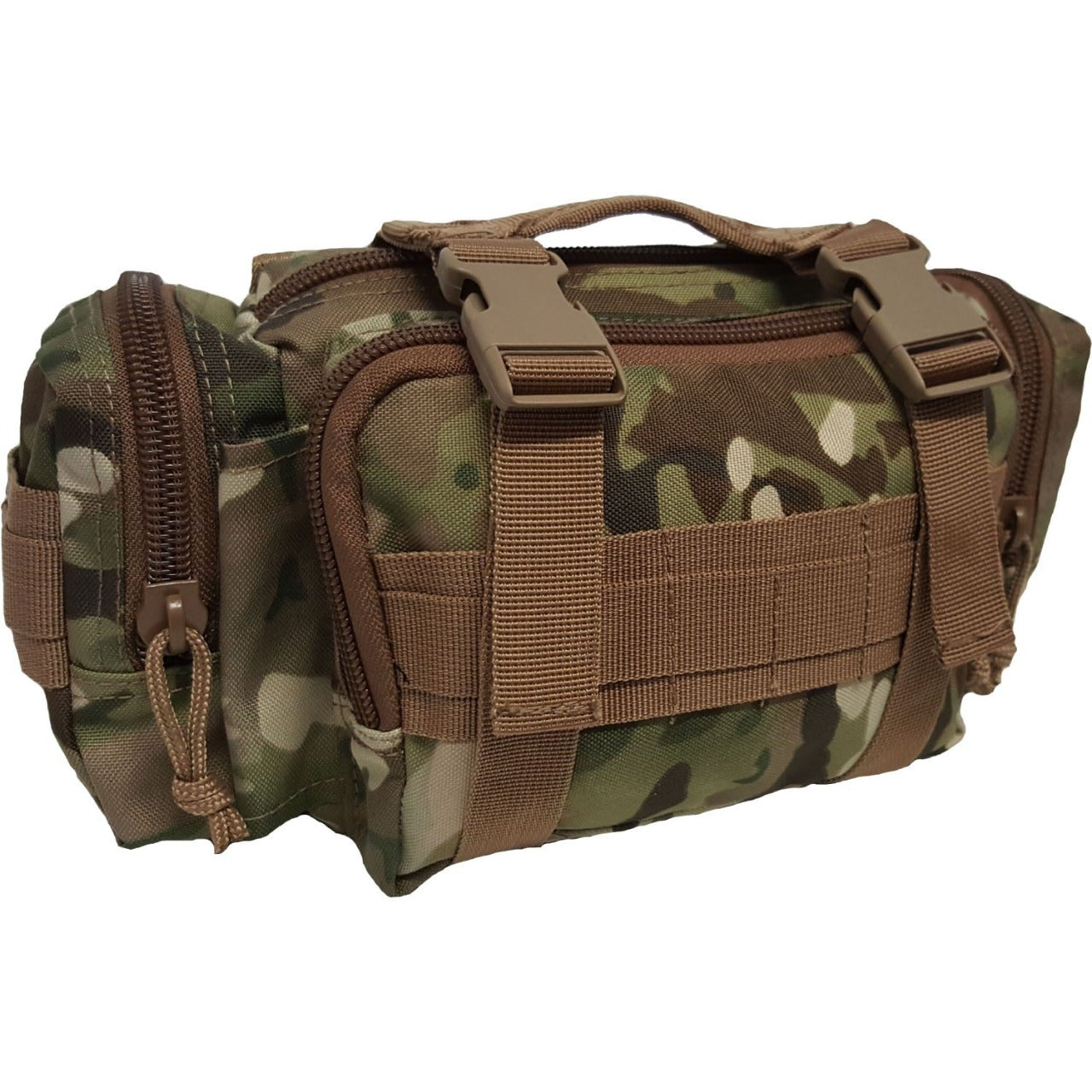Multi-purpose bum bag  Side and front pockets  MOLLE fitting  Top compression strap/handle  Main Compartment  Heavy duty 900D 2 coats PU fabric  5LT capacityMulti-purpose bum bag  Side and front pockets  MOLLE fitting  Top compression strap/handle  Main Compartment  Heavy duty 900D 2 coats PU fabric  5LT capacity