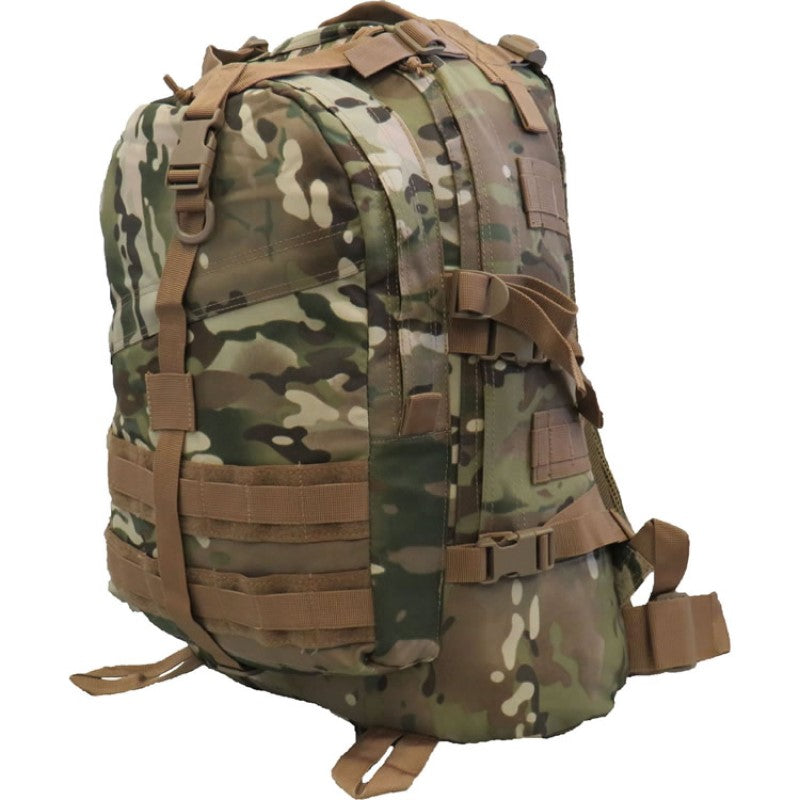Heavy duty breathable mesh harness and shoulder straps with sternum strap  Heavy duty 900D 2 coats PU fabric  Side compression straps  MOLLE compatible  Webbing helmet straps  Multiple tie off points  Front pocket  Bonus 2L wide mouth EVA bladder with neoprene hose cover