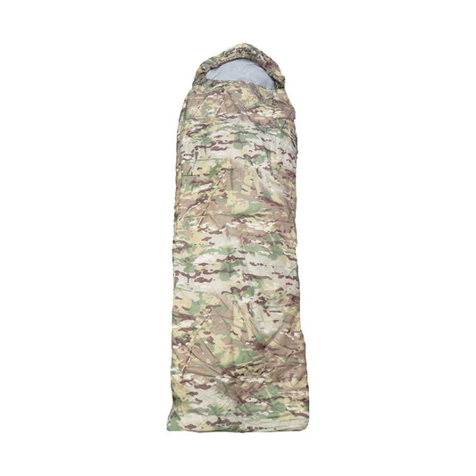 0 degree comfort rating  Contoured hood  175gsm micro fibre fill  190T multicam polyester outer  Soft touch 300T pongee polyester lining  Full rectangular envelope design  #5 zip with draft tube stopper  Complimentary stuff sack  Microfibre works off a reflective heat thermal process  Dimensions: 180+30x75cm