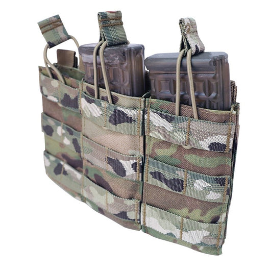 The Valhalla Triple Mag Pouch is an easy and effective way to carry your magazines. It does this by utilizing an open-top design with elastic bungee cords with easy pull tabs to hold the mags in place.  The Valhalla Triple Mag Pouch has been made to function with a variety of different types of magazines within mind.  Valhalla Triple Mag Pouch is MOLLE compatible and includes snap fastening on straps to help secure the pouch to a MOLLE webbing system.