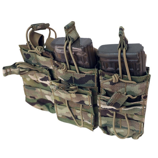 The Valhalla Triple Stacker Mag Pouch is effective and easy system to carry your magazines. It does this by utilizing an open-top design with elastic bungee cords with easy pull tabs to hold the mags in place.  The Valhalla Triple Stacker Mag Pouch has been made to function with a variety of different types of magazines within mind.  Valhalla Triple Stacker Mag Pouch is MOLLE compatible and includes snap fastening on straps to help secure the pouch to a MOLLE webbing system. www.moralepatches.com.au