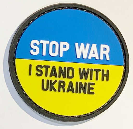 Stop War, I Stand With Ukraine PVC Patch, Velcro backed Badge. Great for attaching to your field gear, jackets, shirts, pants, jeans, hats or even create your own patch board.  Size: 6cm