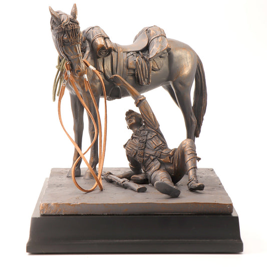 This limited edition cold cast bronze figurine honours and showcases the unbreakable bonds of the Australian Light Horsemen and their Waler mounts. Depicting an incredible scene, this beautifully detailed full-size figurine shows a mount patiently waiting for his injured rider to remount. A moving display of loyalty and companionship amongst the chaos of conflict. This stunning full-size figurine features amazing details bringing to life this incredible bond. www.moralepatches.com.au