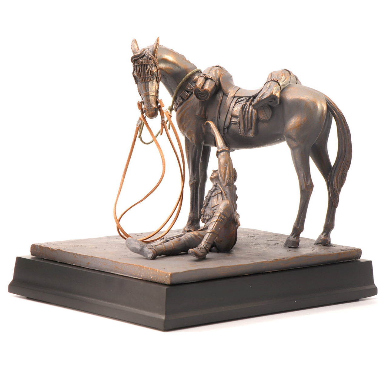 This limited edition cold cast bronze figurine honours and showcases the unbreakable bonds of the Australian Light Horsemen and their Waler mounts. Depicting an incredible scene, this beautifully detailed full-size figurine shows a mount patiently waiting for his injured rider to remount. A moving display of loyalty and companionship amongst the chaos of conflict. This stunning full-size figurine features amazing details bringing to life this incredible bond. www.moralepatches.com.au