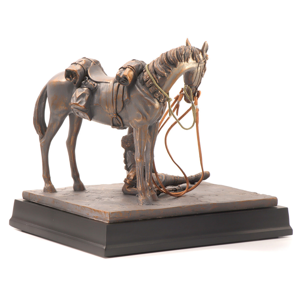 This limited edition cold cast bronze figurine honours and showcases the unbreakable bonds of the Australian Light Horsemen and their Waler mounts. Depicting an incredible scene, this beautifully detailed full-size figurine shows a mount patiently waiting for his injured rider to remount. A moving display of loyalty and companionship amongst the chaos of conflict. This stunning full-size figurine features amazing details bringing to life this incredible bond. www.moralepatches.com.au