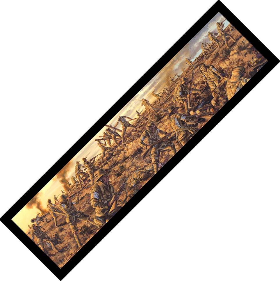 The compelling work from Drew Harrison The Battle of Lone Pine presented on a high-quality bar runner. A beautiful way to display this striking artwork in any club, bar, or in your home.  Featuring a rubber backing and measuring 890 x 250mm this bar runner captures this highly detailed artwork beautifully and is created to not only protect your bar top but inspires conversation for everyone who looks at it.