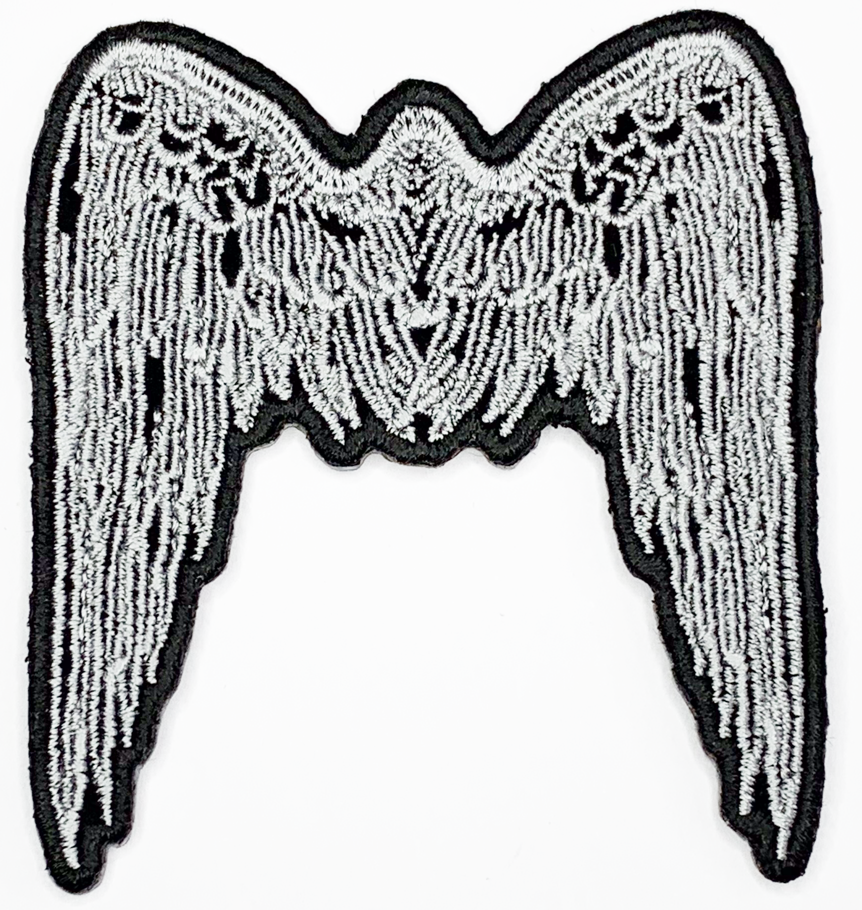 Small Angel Wings Iron On Patch Grey. Great for attaching to your jackets, shirts, pants, jeans, hats.  Size: 7.2x8cm