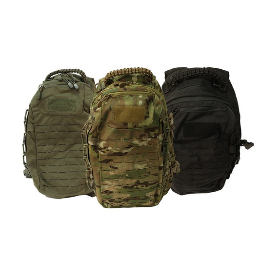 ·Laser-cut slits MOLLE/PALS system  ·Heavy duty two-way zippers  ·Main compartment features an internal mesh and a padded laptop compartment  ·Two additional zippered external pockets  ·Side pockets that are equipped with elastic to expand  ·Paracord drag handle (contains of two 2.5 m cords)  ·Quick release shoulder straps  ·D-Ring attachment points