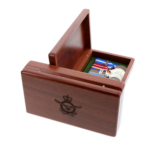 Beautiful Jarrah medal box with room for up to 10 court mounted medals. Laser engraved on the lid with the Air Force Crest  This box is perfect for keeping those family medals or other heirlooms safe and sound when not on parade.  www.moralepatches.com.au