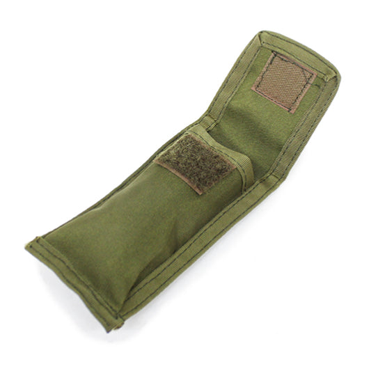 Medium knife pouch made of heavy duty fabric with a velcro close and a fabric attachment on the back Medium size Heavy duty fabric Velcro close Fabric attachment 12x4.5x1.5cm www.moralepatches.com.au