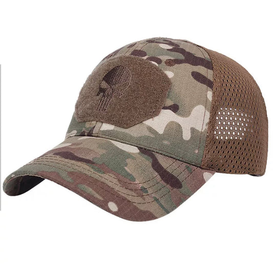 Lightweight Multicam Cap  6 panel cap with one cooling mesh on either side  Velcro size on front is 9x6.5cm  Please note that the punisher symbol is black on this cap, photo for illustration purposes only www.moralepatches.com.au